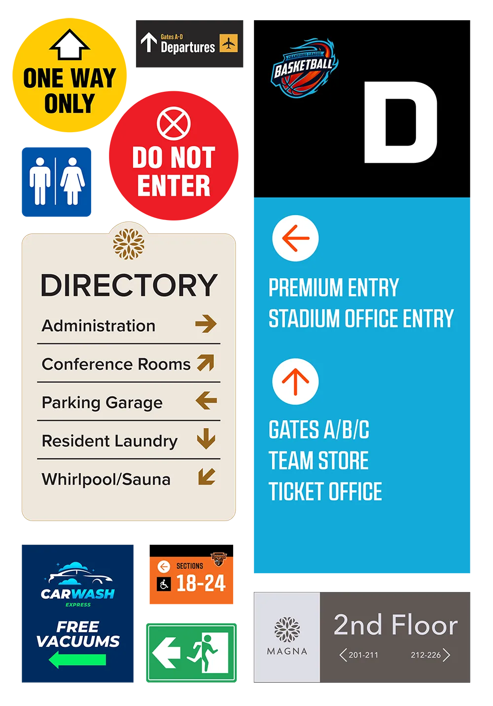 A collage of wayfinding signage