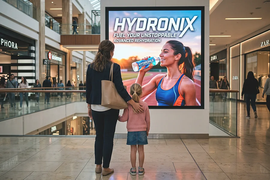 A woman and her daughter in a mall looking at a digital advertisement