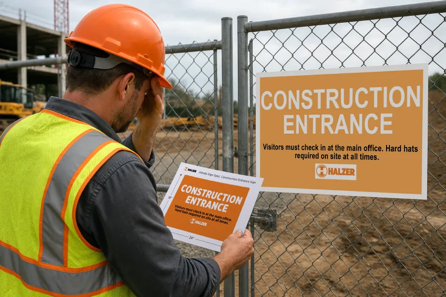 A poorly designed jobsite sign that breaks brand standards