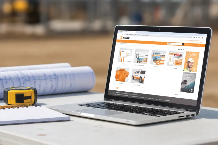 A laptop computer with a construction marketing portal on the screen