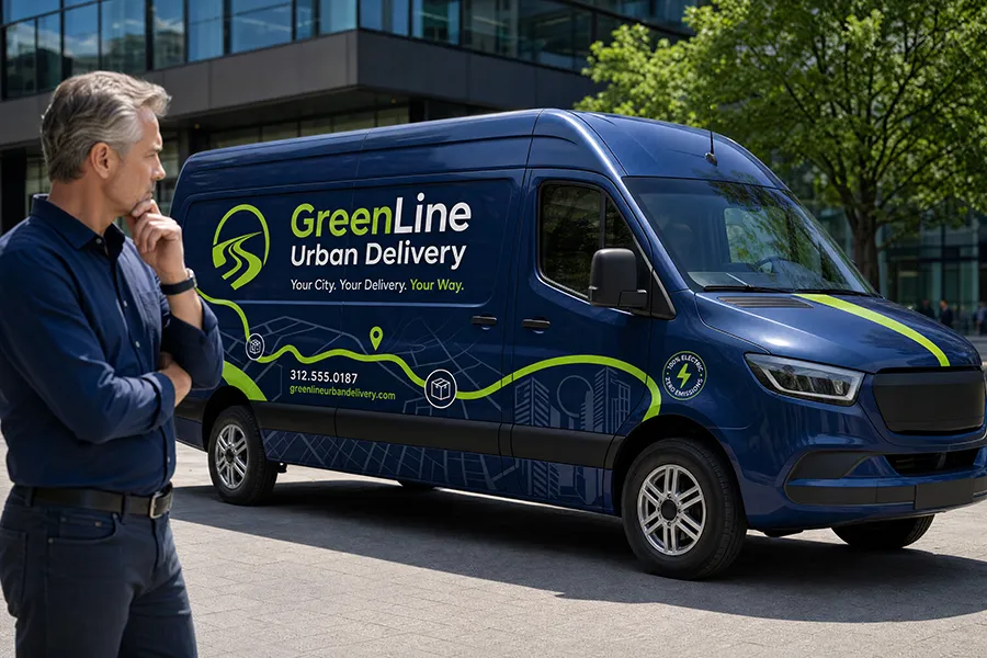 A company manager contemplating his fleet of electric vehicles
