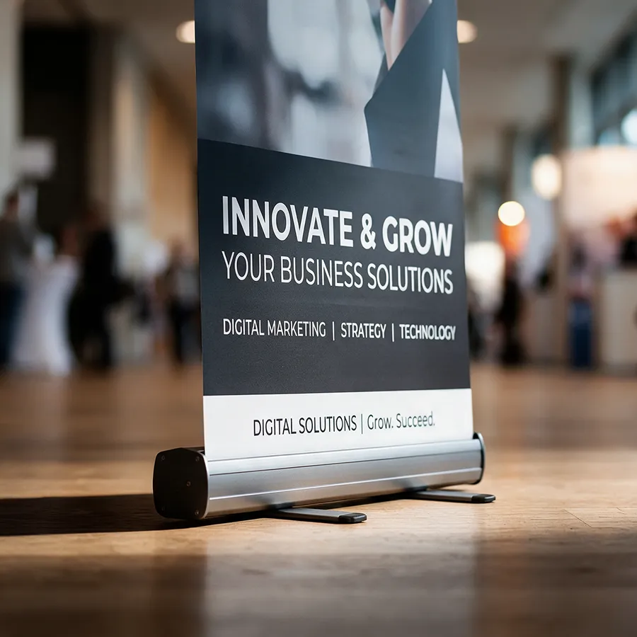 A closeup of a banner stand